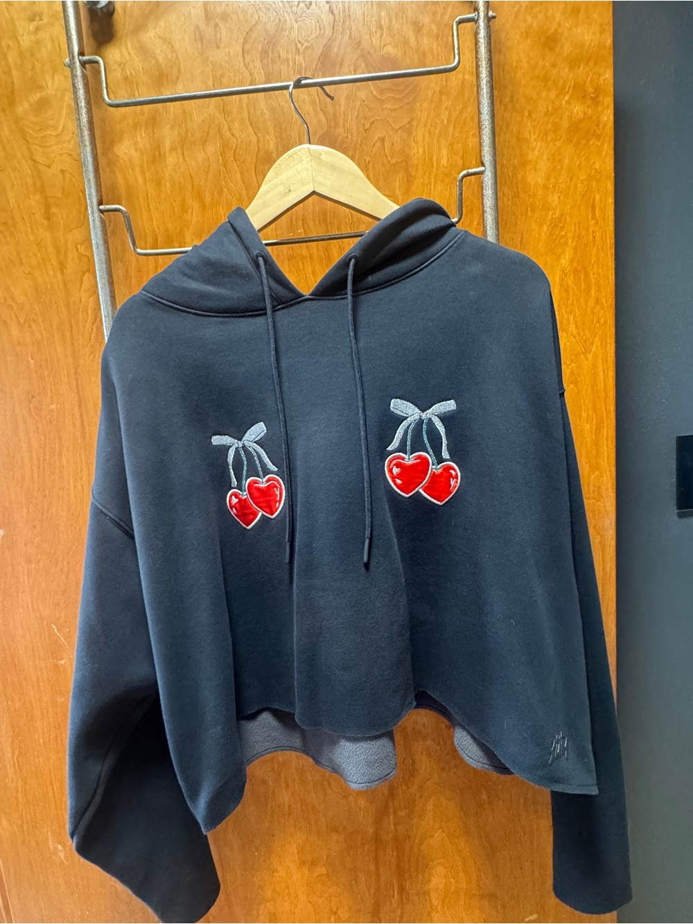 Fabletics X  Yitty cropped Black Hoodie with Red Heart Cherry Embroidery